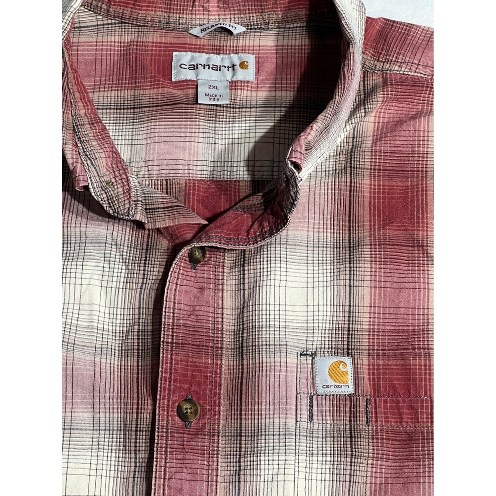 Carhartt Mens 2XL Relaxed Fit Plaid Short Sleeve Button Down Shirt Red 104174DBD